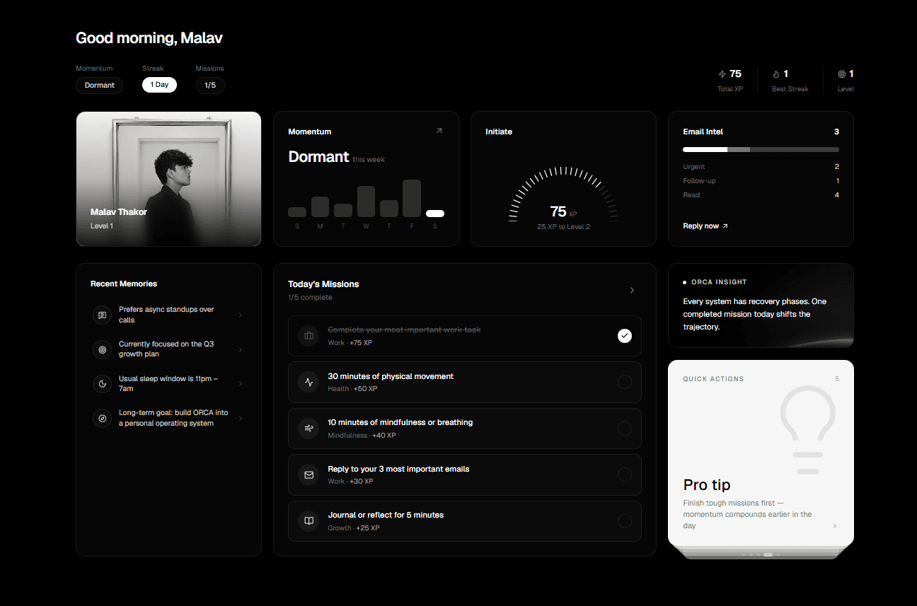 The Orca dashboard: momentum, missions, memories and inbox triage on one screen.